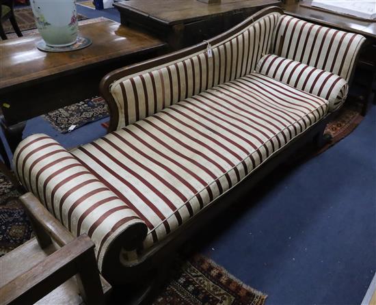 A Regency mahogany chaise longue, ebony line-inlaid and covered in striped brocade, L.200cm